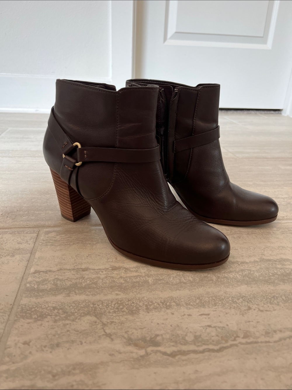Cole Haan Dark Brown Leather Block Heel Booties with Buckle